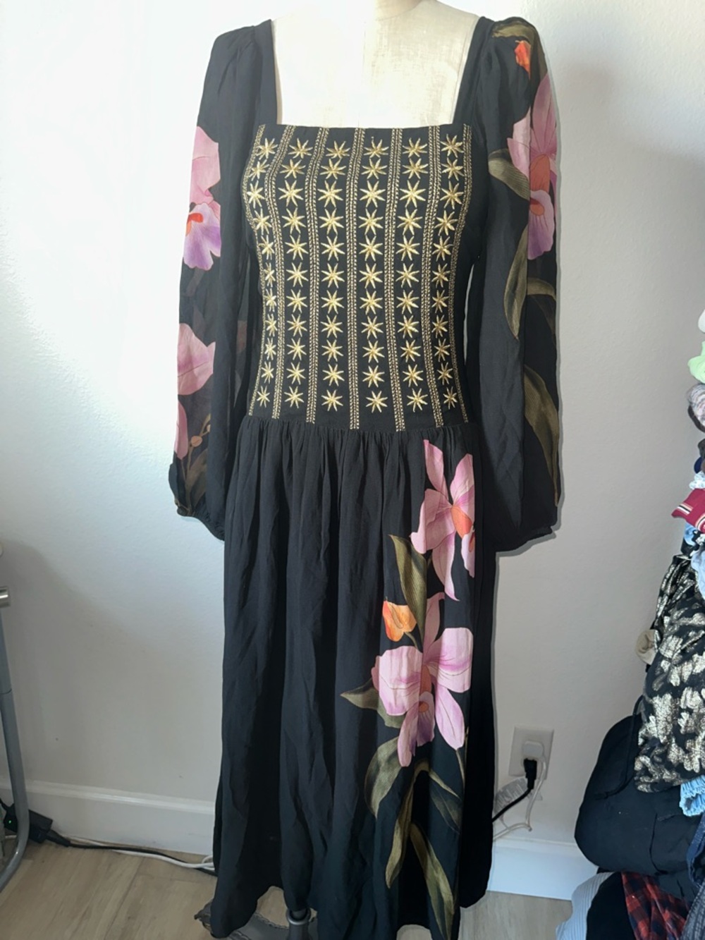 NWOT FARM Rio Black Maxi Dress with Pink Floral Print & Gold Embroidery
